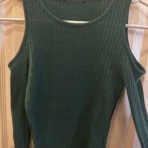Green Ribbed Cold Shoulder Top